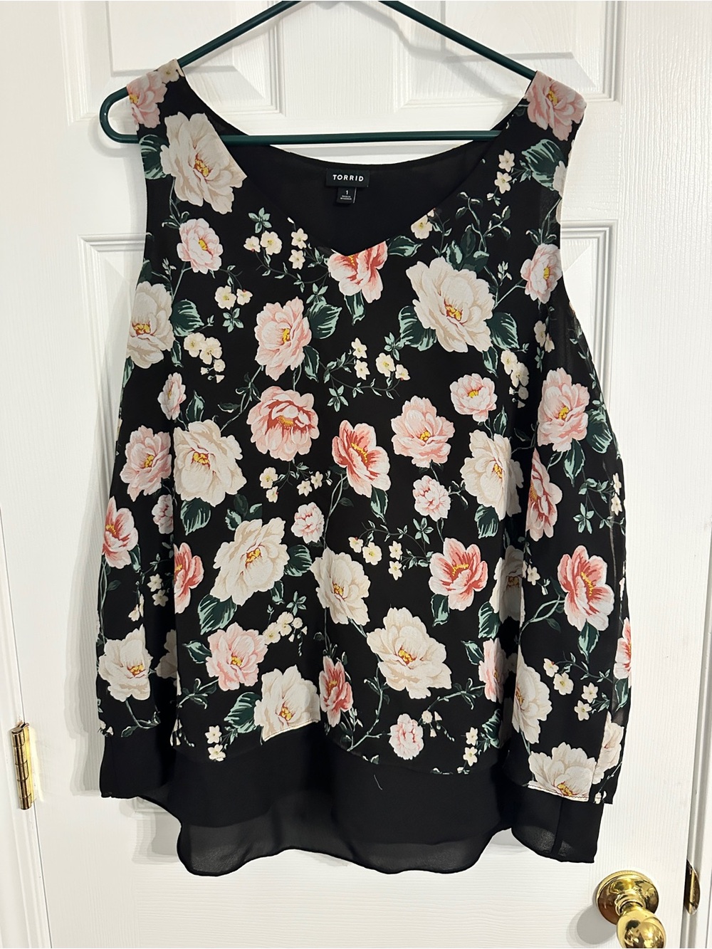 Torrid Black Floral Chiffon Tank Top with Pink & Cream Flowers
